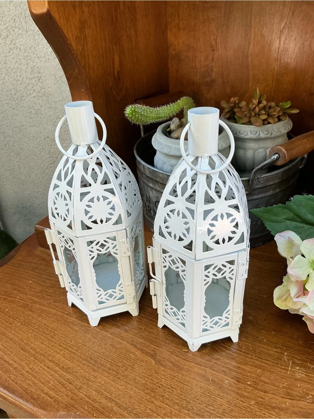 White Decorative Metal Lantern Pair - Home Accents Garden Decor